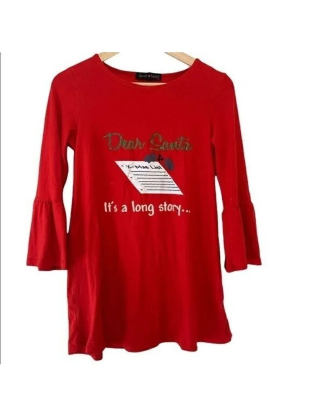 Derek Heart Santa It's A Long Story 3/4 Bell Sleeves Tee‎ Shirt Size Med 10/12